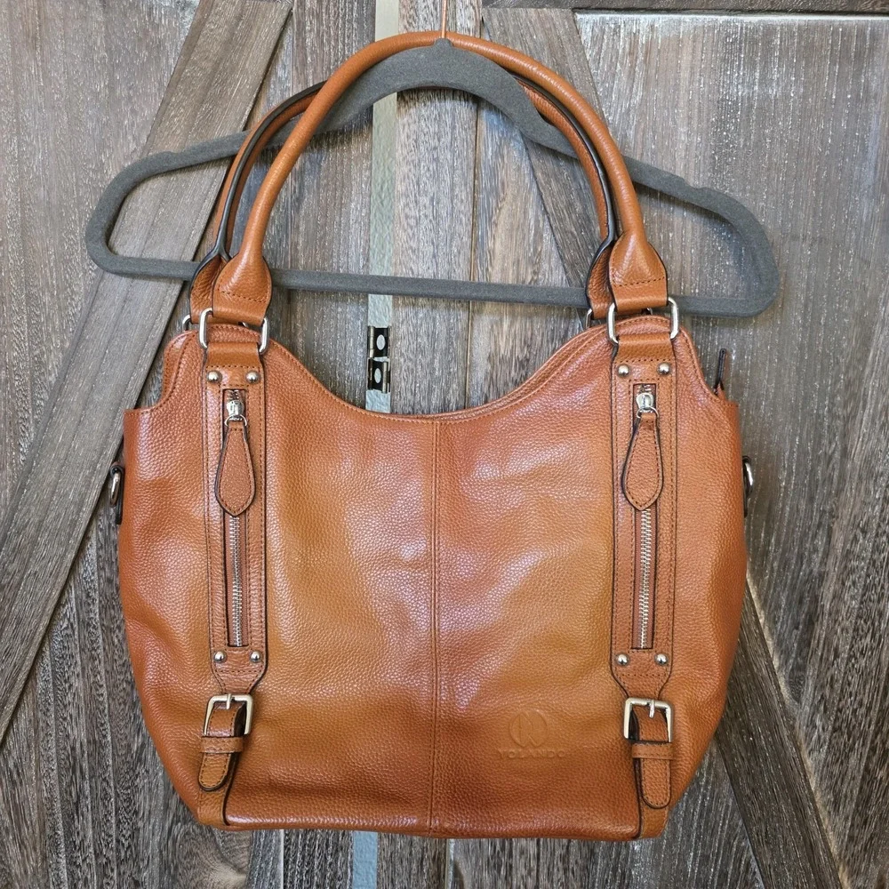 Yolando Purse Light Brown Handbag‎ Detachable Strap Handles Zipper Pockets EUC